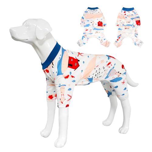 Handwith Hunde-Shirt, weicher 4-beiniger Hunde-Pyjama, Hundeoverall mit langen Ärmeln, für mittelgroße und große Hunde (Haie, Größe M) von Handwith