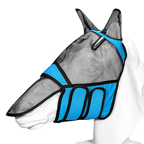 Pferd Fliegenmaske, Elastizität Lycra Pferd Fliegenmaske mit Ohren, UV Schutz und Lange Nase Abnehmbare Abdeckung Fliegenmaske, Reflektierendes Streifen Design Kuh Fliegenmaske, Blau Große Größe von Handwith
