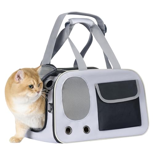 Katze, Hundetrage für Haustiere bis zu 7,7 kg, weiche Seiten, zusammenklappbare Haustiertragetasche mit stabilem Boden, Rollvorhang und großer Aufbewahrungstasche, Katzentasche für mittelgroße Katzen von Hannadepot