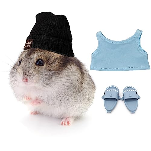 HanryDong Hamster-Kostüm-Set mit Hemd, Hut, Schuhen, Kleintier-niedlicher Hai-Hausschuh für echte Haustiere, niedliche Mini-Ratten-Feiertagsparty-Kleidung, für Spaß, Fotos.(Blaues Custome-Set für von HanryDong