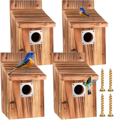 Hanured® 4 Stück Nistkasten für draußen wetterfest, Vogelhäuser mit Metallschutz, Sicherheitsschlössern, Flugschlitzen & Belüftung, 3,8cm Eingang von Hanured