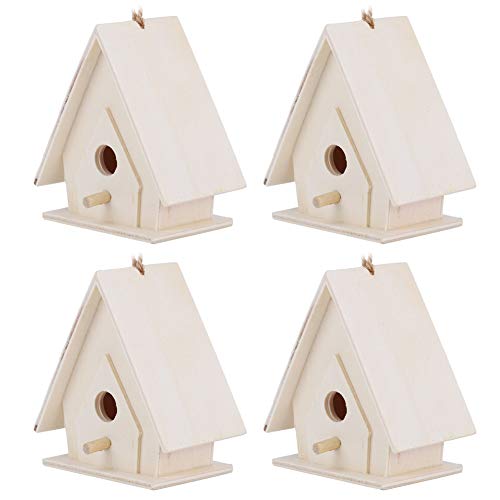 Holz-Vogelhäuser, 4 Stück Mini-Holz-Vogelhäuser mit Stange, Hängende Vogelnester Käfig-Ornament-Handwerk für Garten-Innenhof-Dekor von Haofy
