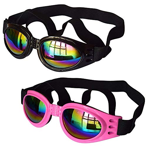 2 Stück Hundebrille, Verstellbarer Riemen, Hundebrille, Schutz für Reisen, Skifahren, UV-Schutz, wasserdichte Sonnenbrille für Hunde (schwarz, rosa) von Haohai