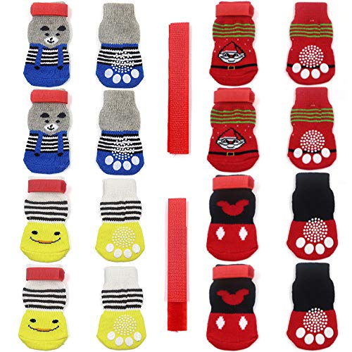 4 Paar rutschfeste Hundesocken & Katzensocken mit Gummiverstärkung und 8 kleinen Riemen, Haustierpfotenschutz für Hartholzböden, Innenkleidung Stil 2 (S) von Haohai