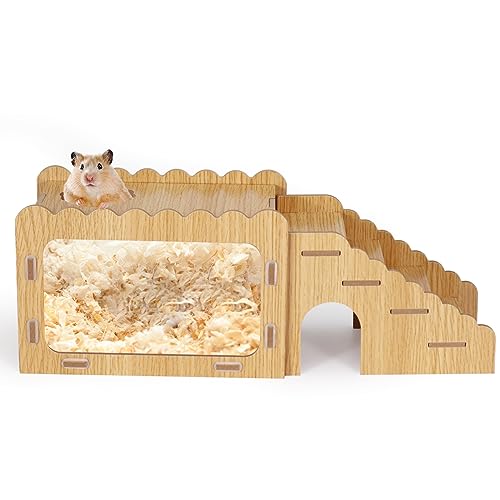 Hamster Sandbad, Pentagon Hamster Sandbad Behälter mit Kletterleiter, Groß Acryl Hamster Grabbox mit Holzabdeckung, Sandbad für Hamster Kleintiere (Holz) von Haohai