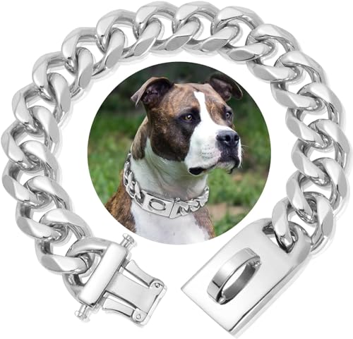 Dog Chain Collars Heavy Duty Cuban Link Silver Dog Chain Dog Necklace Chain Collar with Metal Buckle D Ring for Medium Large Dog Puppy Costume Accessory von Haokaini