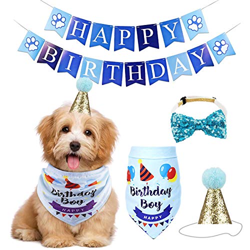 Geburtstagsparty-Dekorationsset, Hund Happy Birthday Banner Hut Bandana Fliege Haustier Hund Katze Junge Mädchen Party Dekoration Zubehör von Haokaini
