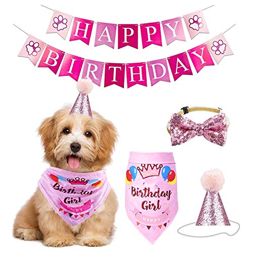 Geburtstagsparty-Dekorationsset, Hund Happy Birthday Banner Hut Bandana Fliege Haustier Hund Katze Junge Mädchen Party Dekoration Zubehör von Haokaini