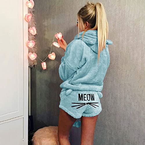 Haokaini 2pcs Frauen Katze Pyjamas Nette Mädchen Meow Nachtwäsche Weiche Bademantel Shorts Winter Lounge Nachtwäsche Sets Bestickte Hoodie Shorts von Haokaini