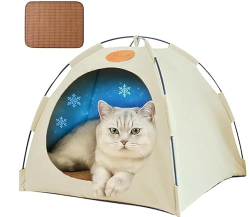 Premium Katzen Kühlzelt, Katze und Hund Zelt, Tragbares Kühlhaus für Katzen, Kühlhaus Katze aus Atmungsaktivem Material, Waschbar & Leicht, Kann Drinnen Und Draußen Verwendet Werden (Beige, M) von Haokelai