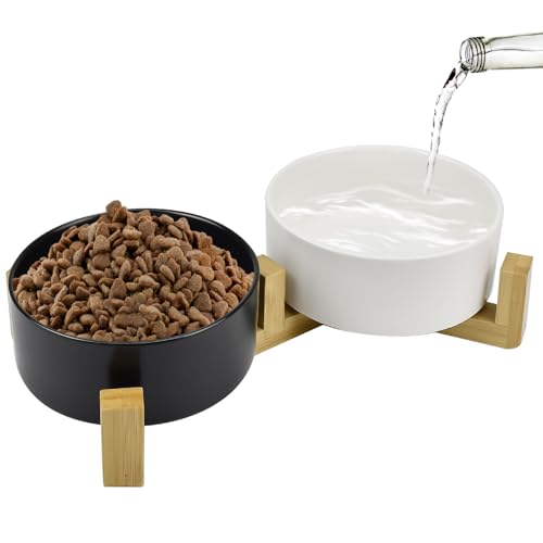 Haolake Keramik-Haustiernapf, 12,7 cm, klassischer Keramik-Katzennapf für Futter und Wasser, Doppelnapf mit rutschfestem Holzständer für kleine, mittelgroße und große Katzen und Welpen, gebrauchter Haolake Keramik-Haustiernapf, 12,7 cm, klassischer Keramik-Katzennapf für Futter und Wasser, Doppelnapf mit rutschfestem Holzständer für kleine, mittelgroße und große Katzen und Welpen, gebrauchter von Haolake