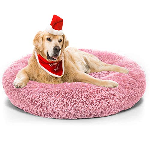 Hundebett, Katzenbett, Haustierbett, Donut Bett für Katzen und Hunde, Plüsch Rundes Hundesofa Bett mit Haustierkissen für mittelgroße und groß Hunde - Rosa Ø 100cm von Haoye