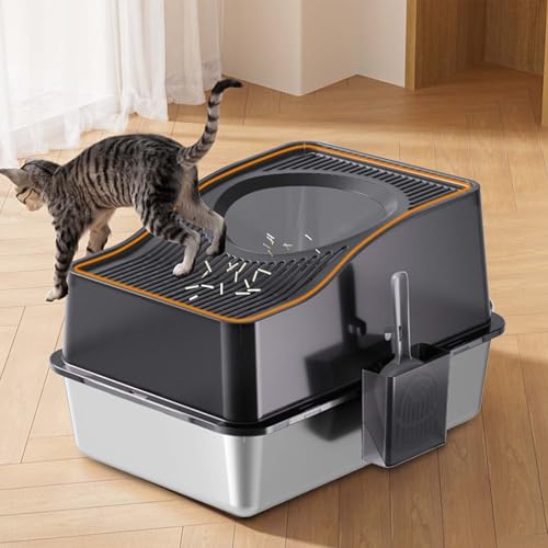 Geschlossene Edelstahl Katzenklo, 20cm Hochwandiger Anti-Auslauf Edelstahl Katzentoilette mit hohlem Deckel und erhöhtem Deckel, Spritzschutz Leicht Reinigen Katzenklo Mit Schaufel 60x40x39.5cm-Schwar von Hapihom