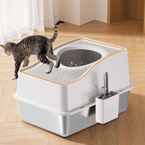 Geschlossene Edelstahl Katzenklo, 20cm Hochwandiger Anti-Auslauf Edelstahl Katzentoilette mit hohlem Deckel und erhöhtem Deckel, Spritzschutz Leicht Reinigen Katzenklo Mit Schaufel 60x40x39.5cm-Weiß von Hapihom