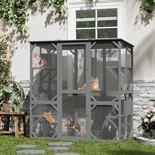 Großes Katzengehege, 177 x 173 x 92.5 cm großer Katzenhaus mit regenfest Dach, Liegeflächen, Hängematte & Plattformen, Drahtgitter Katzenkäfig für Innenbereich, Outdoor, Terrasse, Garten von Hapihom
