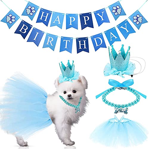 Hapihom Hund Geburtstag Party Supplies Pet Dog Happy Birthday Schild Tutu Rock Krone Hut Halskette Cosplay Outfit für kleine mittelgroße Hunde blauer Anzug von Hapihom