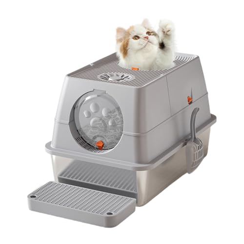 Hapihom Katzenklo Edelstahl Mit Deckel,60×40×39cm Metallkatzentoilette Geschlossene Mit Sandfilterpedal Und Streuschaufel,XXL Große Abnehmbar Hoher Rand Katzentoilette Leicht Zu Reinigen Hellgrau von Hapihom