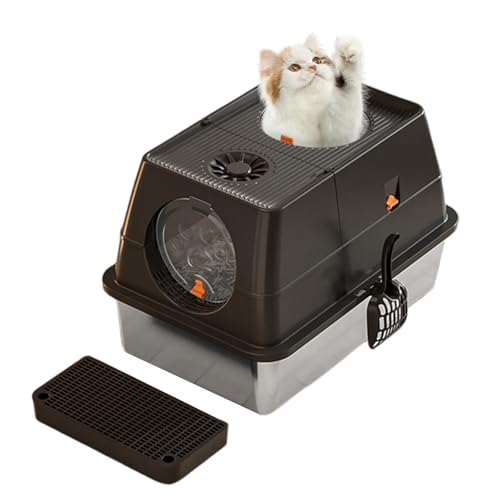 Hapihom Katzenklo XXL Große geschlossene Katzentoilette aus Edelstahl mit Deckel,Katzentoilette aus Metall mit Klappdeckel,abnehmbarem Deckel und Streuschaufel,hundesichere Katzentoiletten 60×40×39cm von Hapihom