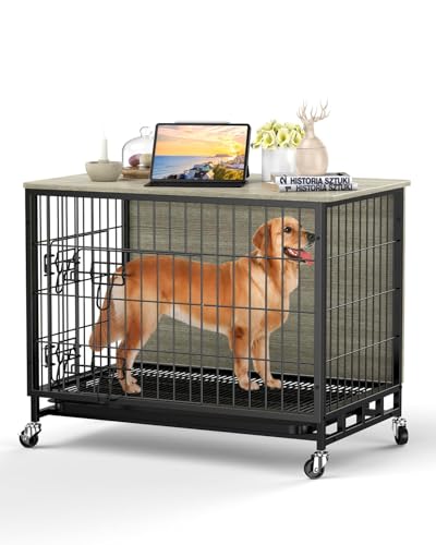Hundekäfig Möbel, 69x51x60 cm Hundebox aus Holz & Metall, Hundehütte mit Rollen, 2 Türen & Herausnehmbares Tablett, Hundehaus für Mittelgroße Kleine Hunde bis zu 15 kg, Beistelltisch für Wohnzimmer von Hapihom
