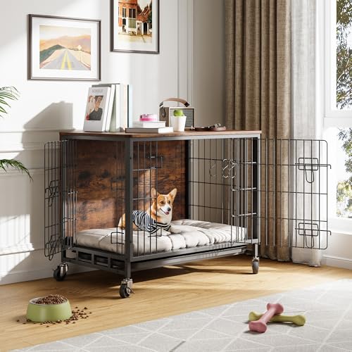 Hundekäfig Möbel, Hundebox mit 2 Türen & 4 Rädern, 83 x 56 x 64 cm Moderne Hundehütte Indoor mit Holz Tischoberfläche & Herausnehmbarer, Metall Hundezwinger Beistelltisch für mittlere kleine Hunde von Hapihom