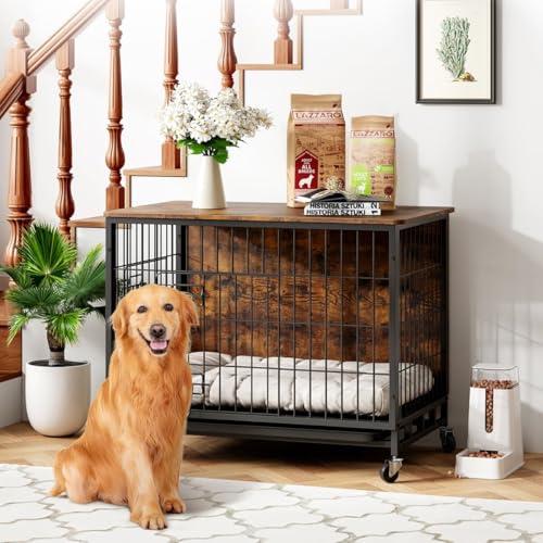Hundekäfig Möbel, Hundebox mit Türen & Rädern, 98 x 65 x 68 cm Moderne Hundehütte Indoor mit Holz Tischoberfläche & Herausnehmbarer, Metall Hundezwinger Beistelltisch für große mittlere kleine Hunde Hundekäfig Möbel, Hundebox mit Türen & Rädern, 98 x 65 x 68 cm Moderne Hundehütte Indoor mit Holz Tischoberfläche & Herausnehmbarer, Metall Hundezwinger Beistelltisch für große mittlere kleine Hunde von Hapihom