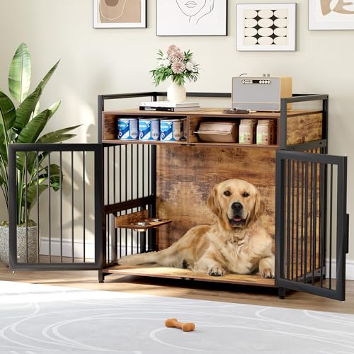 Hundekäfig Möbel für Große Hunde, 122 x 76 x 110 cm Hundebox aus Metall und Holz, Abschließbare Hundehütte mit 360 ° Drehbaren Hundenapf, geschlossener Boden, Beistelltisch für 1 große/2 kleine Hunde von Hapihom