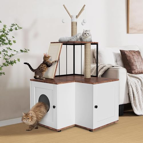 Katzenbaum mit Katzenklo Schrank, 124cm moderner Katzenturm für Wohnungskatzen, Versteckte Katzentoilettenmöbel, All-in-one Katzenmöbel mit Sisalstämmen, Plüschbälle Katzenbaum mit Katzenklo Schrank, 124cm moderner Katzenturm für Wohnungskatzen, Versteckte Katzentoilettenmöbel, All-in-one Katzenmöbel mit Sisalstämmen, Plüschbälle von Hapihom