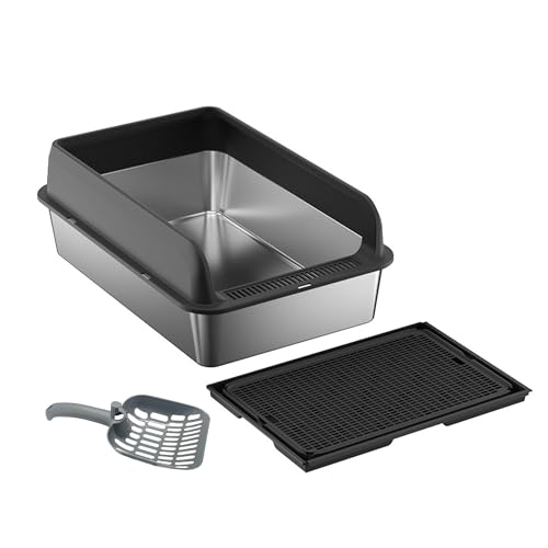 Katzenklo Edelstahl, Katzentoilette Edelstahl 30L mit Schaufel & Trittbrett, 60L x 40W x 30H cm XXL Katzenklo mit hohem Rand, Antihaft Cat Litter Box für große Katzen, Kaninchen - B von Hapihom