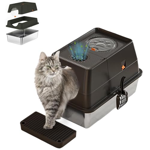 Katzenklo Edelstahl, Katzentoilette Geschlossen mit Deckel, Schaufel & Matte, 2-in-1 Katzen Klo Hohe Rand mit 180° Klappe & Zwei Eingänge, Leicht zu Reinigen & Geruchshemmend 60 x 40 x 44cm von Hapihom