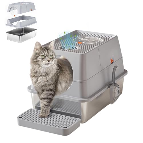 Katzenklo Edelstahl, Katzentoilette Geschlossen mit Deckel, Schaufel & Matte, 2-in-1 Katzen Klo Hohe Rand mit 180° Klappe & Zwei Eingänge, Leicht zu Reinigen & Geruchshemmend 60 x 40 x 44cm von Hapihom