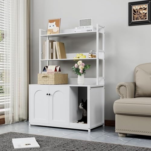 Katzenschrank mit Bücherregal, Kratzbaum mit Katzenklo-Schrank, Katzenklo Schrank mit 3 Ebenen & Eingang, 89 x 45 x 132 cm Versteckt Katzenkloschrank mit Tür, 3-in-1 Modernes Katzenhaus Indoor - Weiß Katzenschrank mit Bücherregal, Kratzbaum mit Katzenklo-Schrank, Katzenklo Schrank mit 3 Ebenen & Eingang, 89 x 45 x 132 cm Versteckt Katzenkloschrank mit Tür, 3-in-1 Modernes Katzenhaus Indoor - Weiß von Hapihom