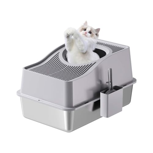 Katzentoilette aus Edelstahl mit Deckel, geschlossene Katzentoilette mit Katzenstreumatte und Schaufel, extra große Katzentoiletten mit hohen Seitenwänden, leicht zu reinigen, abnehmbar von Hapihom