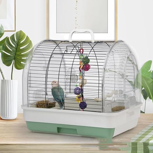 Tragbar Vogelkäfig Vogelvoliere, Vogelkäfig Reisevogelkäfig mit Handgriff, Metall + Kunststoff Voliere für den Innenbereich, Papageienkäfig mit Freisitz, 2 Futternäpfen & Reinigungsschale 42x32x37cm von Hapihom