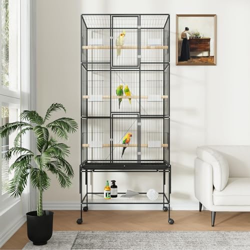 Vogelkäfig groß, 81x47x175cm Vogelvoliere mit 360° Rollen, Sitzstangen, Futternapf und Schmutzwanneneinsatz, Metall Voliere Indoor Outdoor, Zuchtkäfig für Papageien Wellensittich Nymphensittich von Hapihom