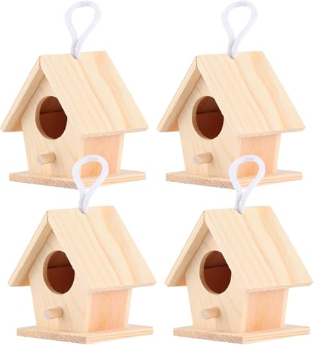 Holz Vogelhaus, 4-teiliges Hänge Vogelhaus Nistkasten, Natürliches, Unfertiges Holz Vogelnester mit Stange für Garten Innenhof Dekoration Im Freien von Hapivida