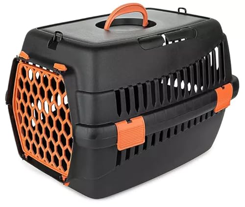 HAPPET Tiertransporter TEDDY M, orange - Robuster Kunststoff Reisekäfig für Katzen und kleine Hunde, belüfteter Käfig mit abnehmbaren Türen, sicheren Clips und Griff von Happet