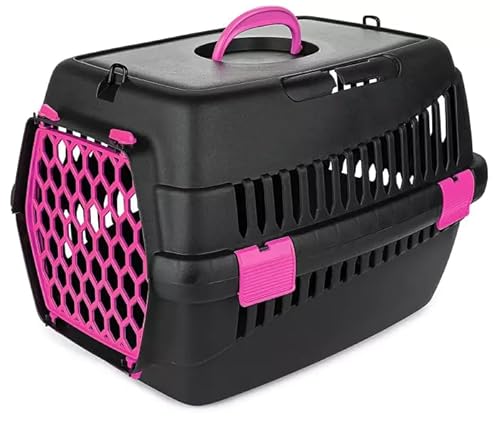 HAPPET Tiertransporter TEDDY M Fuchsia - Reisekorb für Katzen und kleine Hunde, belüfteter Käfig mit abnehmbaren Türen, Clips und Griff von Happet
