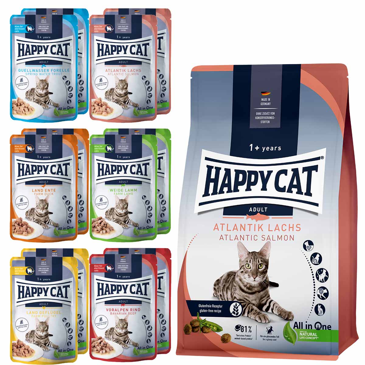 Happy Cat Culinary Adult Atlantik Lachs 10 kg + Mischtray 1 Happy Cat Pouches 12x85g gratis von Happy Cat