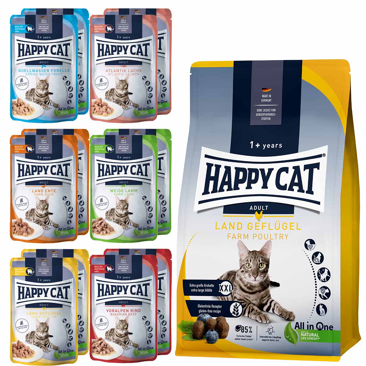 Happy Cat Culinary Adult Land Geflügel 10 kg + Mischtray 1 Happy Cat Pouches 12x85g gratis Happy Cat Culinary Adult Land Geflügel 10 kg + Mischtray 1 Happy Cat Pouches 12x85g gratis von Happy Cat
