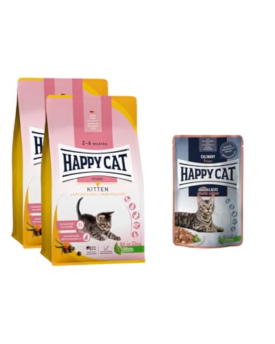Happy Cat Young Kitten Land Geflügel M - Trockenfutter für Katzen-Babys ab der 5. Lebenswoche - 2X 1,3kg + Meat in Sauce Atlantik Lachs Pouch 85 g von Happy Cat