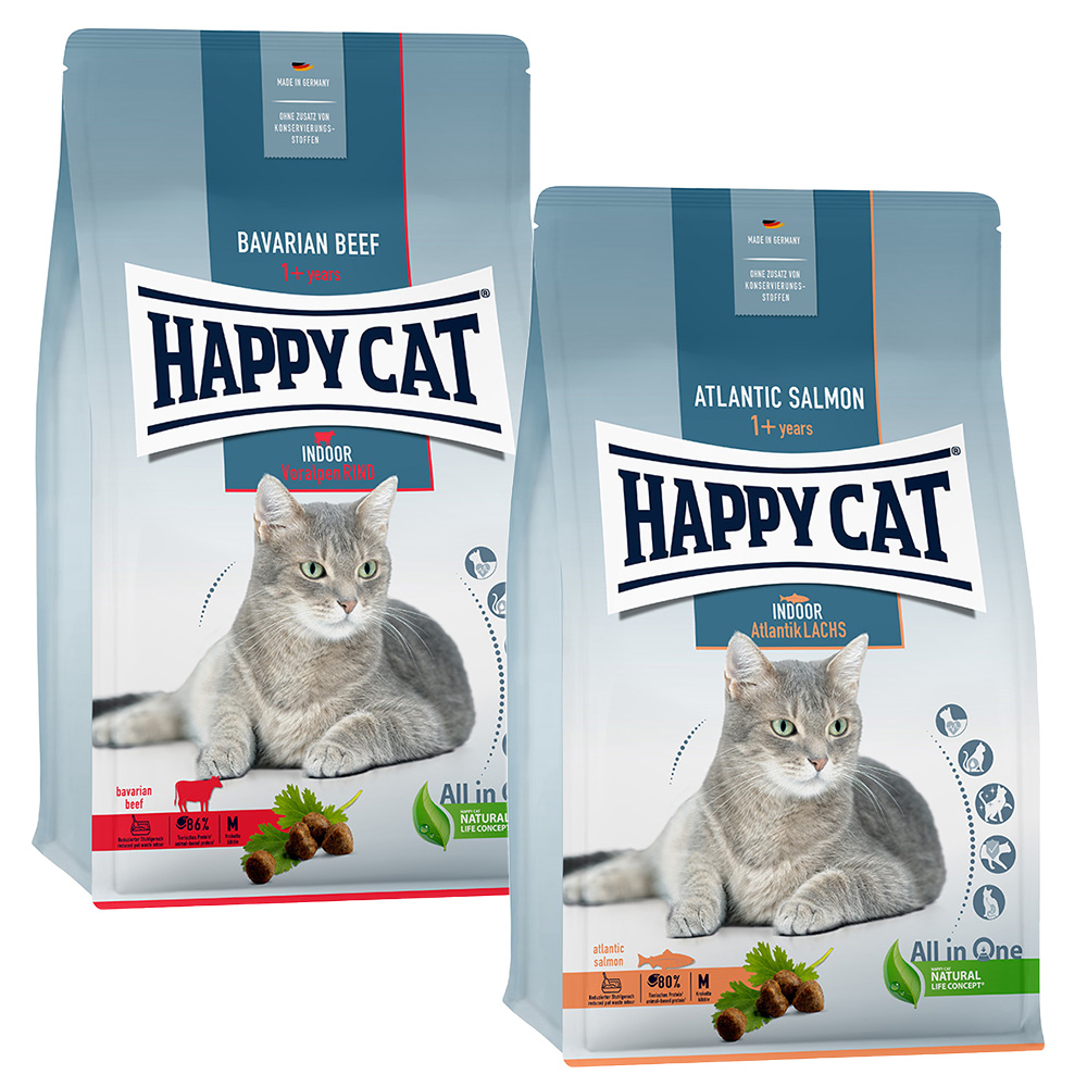 Mixpaket Happy Cat Indoor 2 x 4 kg - Voralpen-Rind & Atlantik-Lachs von Happy Cat