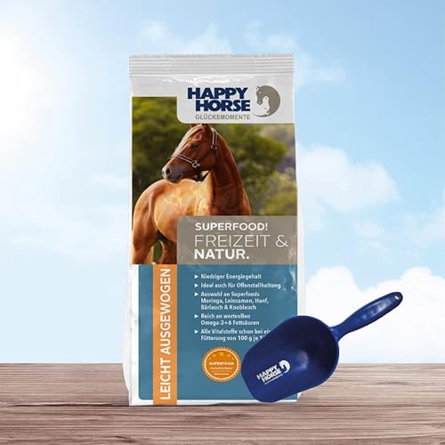 HAPPY HORSE Superfood Freizeit & Natur Pferdefutter 14kg + Futterschaufel - Optimal abgestimmt auf die Bedürfnisse von Pferden mit geringem Energiebedarf, Offenstall- oder Weidepferde von Happy Horse