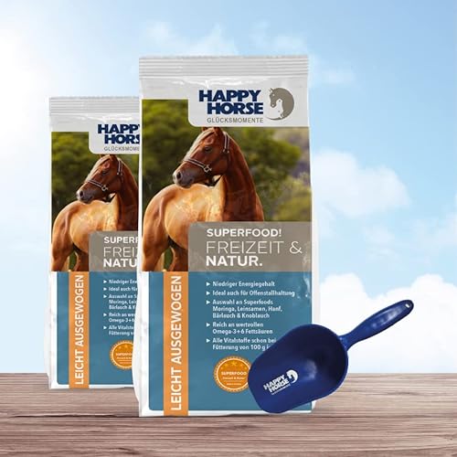 HAPPY HORSE Superfood Freizeit & Natur Pferdefutter 2 x 14kg + Futterschaufel - Optimal abgestimmt auf die Bedürfnisse von Pferden mit geringem Energiebedarf, Offenstall- oder Weidepferde von Happy Horse