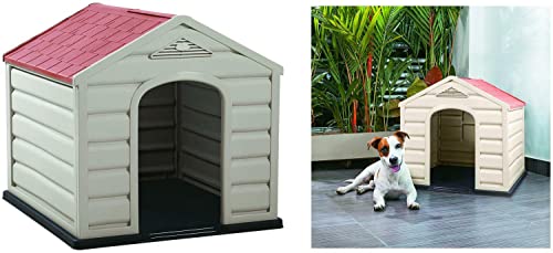 Happy House Hundehütte aus Kunstharz, Puppy, mittelgroß, 61 x 68 x 58 cm, beige mit rotem Dach von Happy House