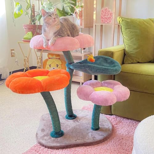 Happy & Polly Katzenbaum, Condo-Turm mit mehreren Blumen-Katzenbetten und Plattform, blumiger Plüsch-Katzenbaum von Happy & Polly