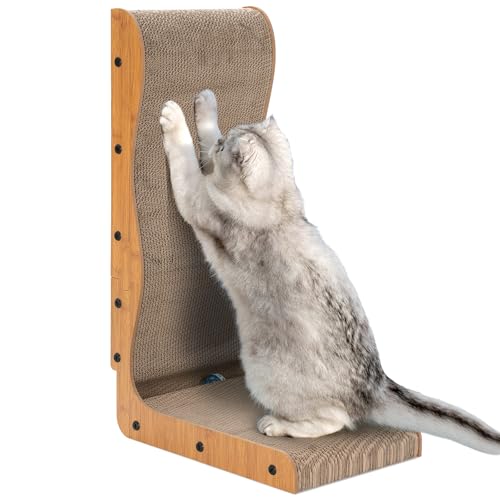 Kratzbrett Katze L Förmige - Happy & Polly 66 cm Kratzpappe für Katzen mit Ball Hochdichtes Verschleißfestes - Schützen Sie Möbel und Sofas Geeignet für Wände und Ecken, Groß von Happy & Polly