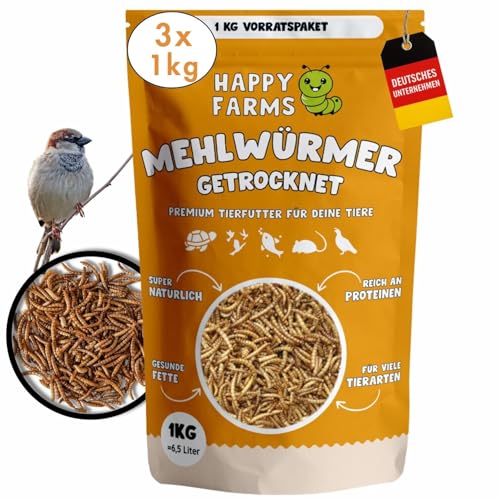 HappyFarms Getrocknete Insekten – Mehlwürmer & Soldatenfliegenlarven, proteinreich für Vögel, Igel & Fische (1kg, 5kg, 10kg, 15kg) (3kg, Mehlwürmer) von HappyFarms