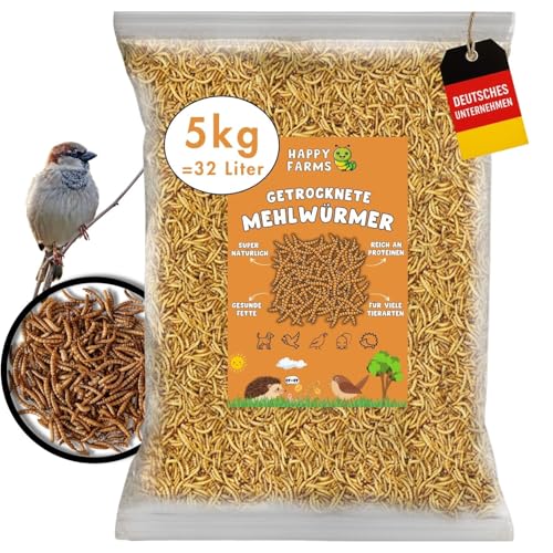 HappyFarms Getrocknete Mehlwürmer – 5kg Premium-Insektenfutter für Vögel, Igel & Fische von HappyFarms