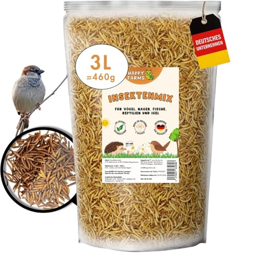 HappyFarms InsektenMix 3 Liter – Getrocknetes Insektenfutter für Vögel & Igel – bestehend aus Mehlwürmern & Soldatenfliegenlarven von HappyFarms