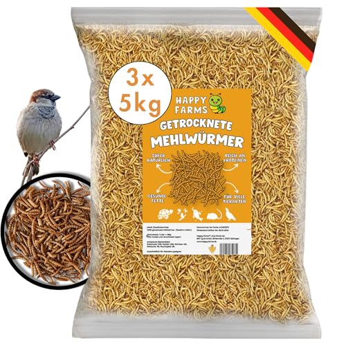 HappyFarms Getrocknete Mehlwürmer – 15kg Hochwertiges Naturfutter für Wildvögel, Reptilien & Igel von HappyFarms